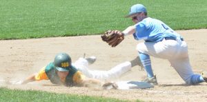 Avon's Nick Sanderson has already tagged RCP's Pat Sirois as he tried to advance to third base in Thursday's American Legion game in Bristol