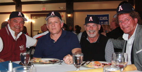 Four men who played baseball with Dick Migli at Avon High were recognized at tournament dinner and presented with Avon High baseball hats. From left to right: Paul Salvatore, Gordon Britt, George Clarke and Myles Glynn.