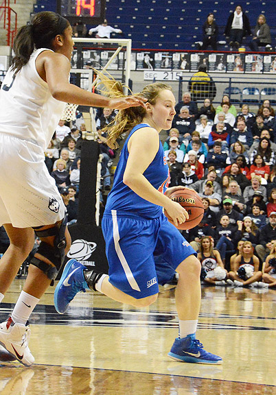 Sarah Benedetti on the move in Saturday's game at Gampel Pavilion.