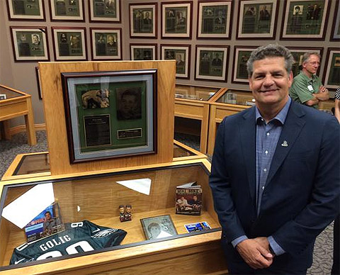 Avon's Mike Golic at the National Wrestling Hall of Fame in Oklahoma. Golic is being inducted this weekend. (Photo courtesy of Christine Golic via Twitter)