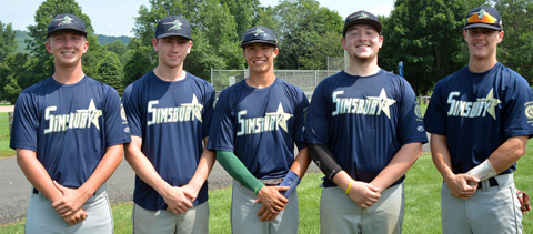 Five of the six Canton players on the Zone 1 champion Simsbury American Legion baseball team. From left, Peter Myers, Kevin Gurry, Jack Nedorostek, Jake Wood and Brendan Reilly.