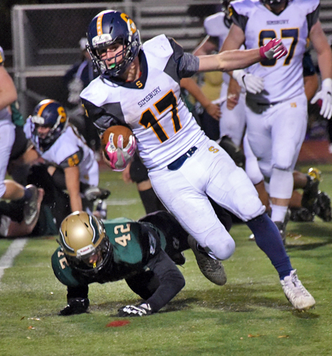Simsbury's Sean Penney ran for a game-high 171 yards and four TDs in Friday night's win over Enfield.